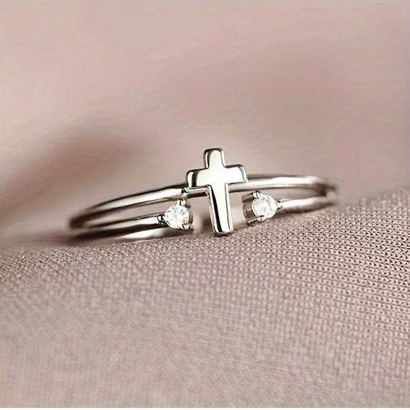 Jewelry - White Gold Plated Cross Ring with CZ | Minimalist Faith Ring